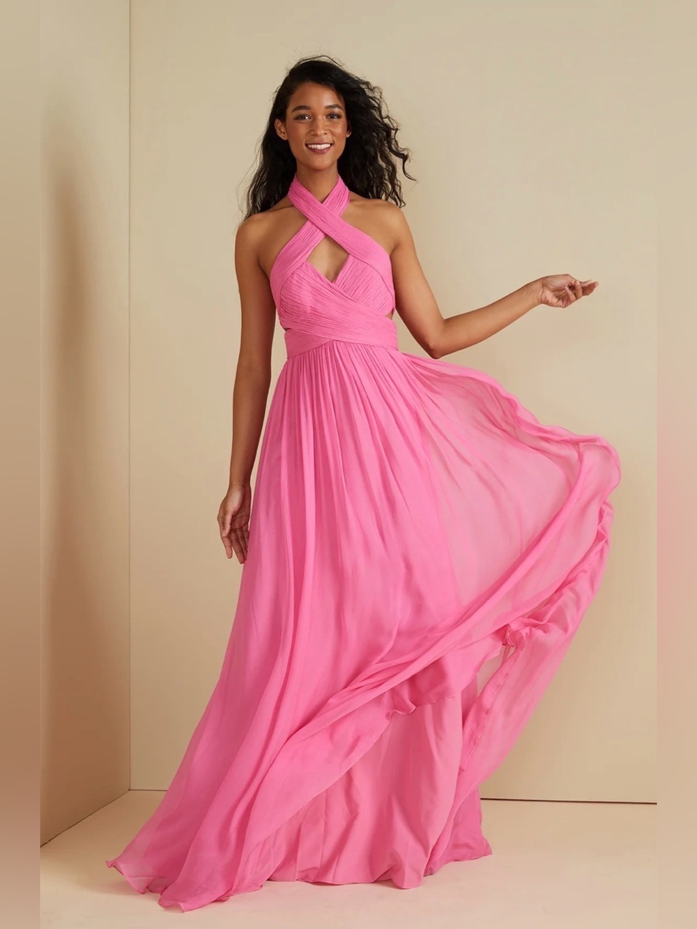 Amur Paula criss cross halter gown 
Pink Halter Cross-Front Maxi Dress